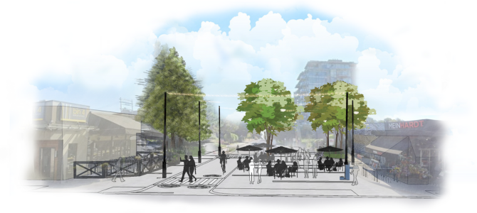 Rendering of a permanent plaza at Granville Street and West 14th Avenue with patio seating, umbrellas, trees, pedestrians, and nearby storefronts. Rendering of a permanent plaza at Granville Street and West 14th Avenue with patio seating, umbrellas, trees, pedestrians, and nearby storefronts.