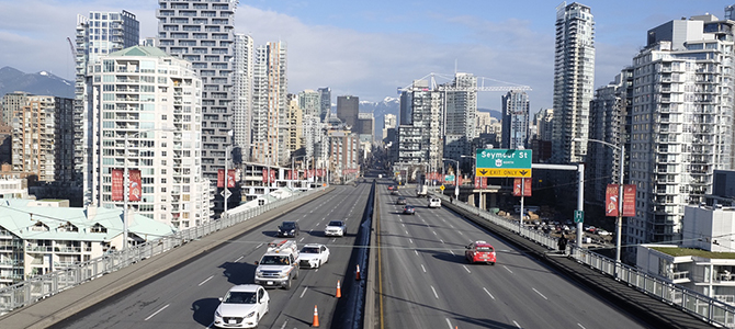 Photo of traffic along the Granville Bridge and downtown.