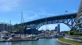 The Granville Street bridge with boats in front of it