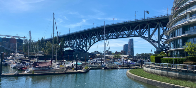 The Granville Street bridge with boats in front of it