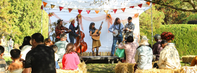 People gathered outdoors, sitting on hay bales watching a musical performance