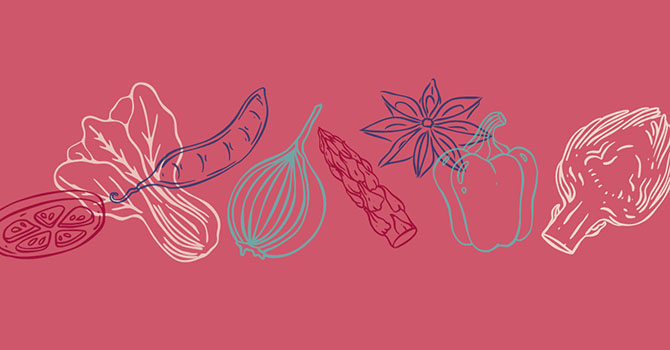 Line-art illustrations of various vegetables and spices on a pink background.