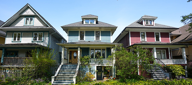 Heritages houses on a residential street.