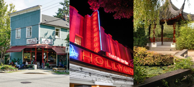 Image displaying 3 cultural landmarks, including Hollywood Theate, Dr. Sun Yat-Sen Classical Chinese Garden, and Arbutus Coffee cafe