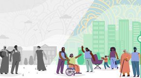 Illustration showing two contrasting scenes. On the left, grayscale figures of people from different backgrounds. On the right, a colorful, vibrant urban scene with people of South Asian descent interacting in a modern city.