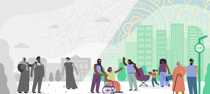 Illustration showing two contrasting scenes. On the left, grayscale figures of people from different backgrounds. On the right, a colorful, vibrant urban scene with people of South Asian descent interacting in a modern city.