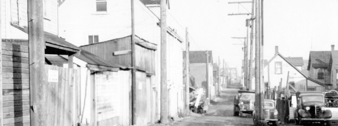 Black and white image of Hogan's Alley. 