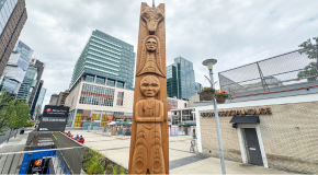 Artwork “Syewá:l”  by Zachary George Sko-Kay-Lem, 2025 in the plaza outside the Queen Elizabeth Theatre