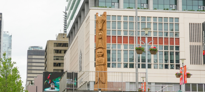 Artwork “Syewá:l” by Zachary George Sko-Kay-Lem, 2025 in the plaza outside the Queen Elizabeth Theatre Artwork “Syewá:l” by Zachary George Sko-Kay-Lem, 2025 in the plaza outside the Queen Elizabeth Theatre