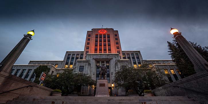 Orange LED light installation at City Hall