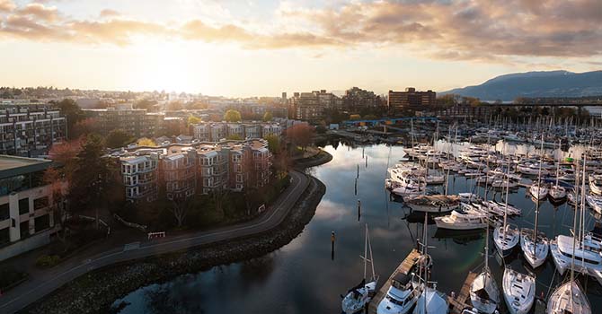 Aerial view of False Creek and Island Park Walk seawall