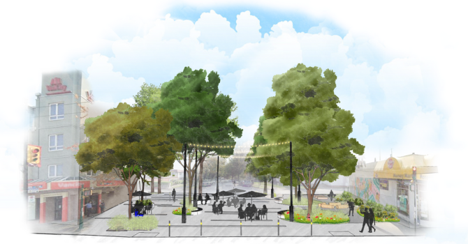 Rendering of Kamloops and Hastings plaza featuring green trees, seating areas, and pedestrians, under a clear sky.