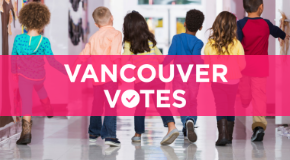 Children holding hands walking away from camera with caption: Vancouver votes Children holding hands walking away from camera with caption: Vancouver votes