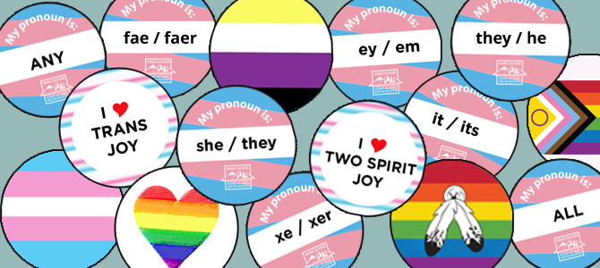 Pronoun and pride buttons with various identities and LGBTQ flags. Pronoun and pride buttons with various identities and LGBTQ flags.