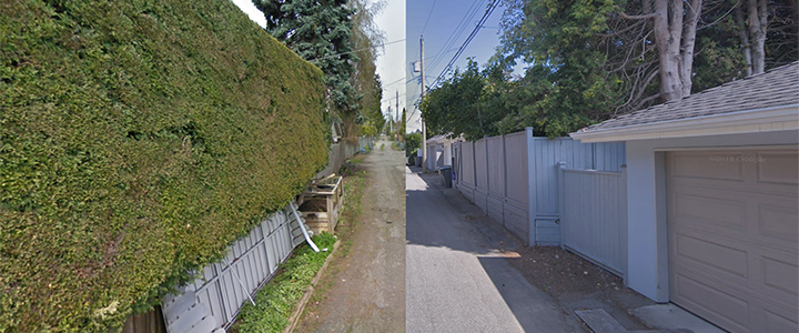 Two images showing before and after a lane was paved.