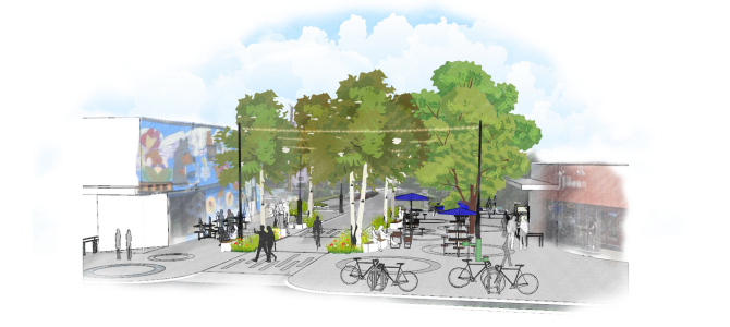 Rendering of a public plaza with seating, trees, and bike racks at Main Street and 14th Avenue. Rendering of a public plaza with seating, trees, and bike racks at Main Street and 14th Avenue.