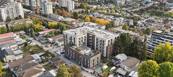 Aerial view of McHardy Housing Co-op in the Joyce-Collingwood neighbourhood.