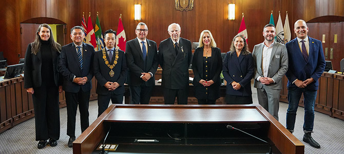 Michael Audain receives with the Freedom of the City Award with the Mayor and Councilors Michael Audain receives with the Freedom of the City Award with the Mayor and Councilors