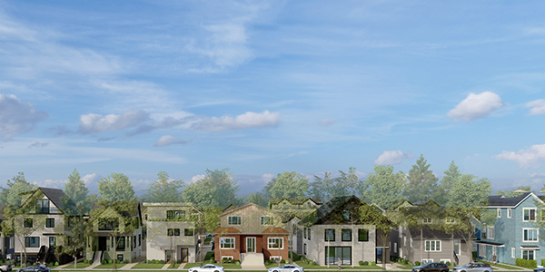 A row of houses in a residential area with cars parked on the street.