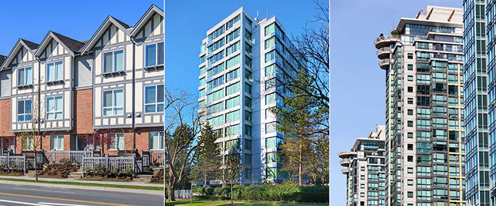 Three images: townhouse, apartment building, and highrise apartment building