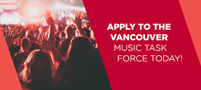 	Poster that says apply to the Vancouver Music Task Force today, with a lively concert crowd photo to the left