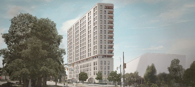 Architectural rendering of a planned 93-unit social housing building in East Vancouver