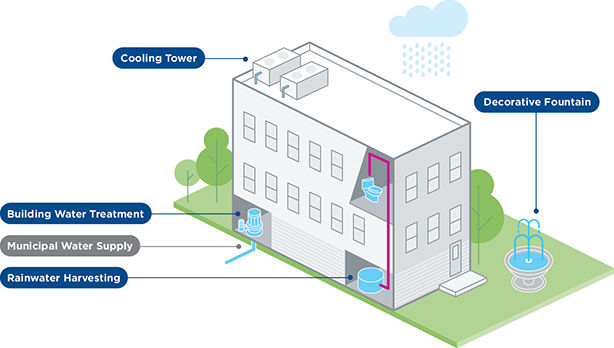 Infographic of where a cooling tower, building water treatment, municipal water supply, rainwater harvesting, and decorative fountain are featured near a building