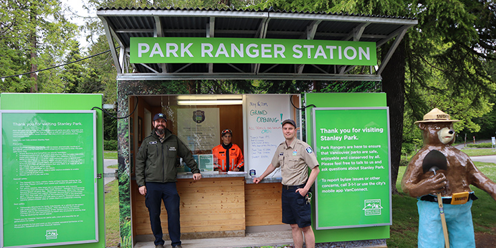 Two Park Rangers standing by the Ranger Station