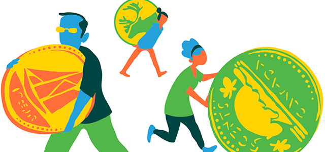 Illustration of people walking with coins