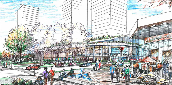 Illustration of Pearson Plaza and the YMCA in the redeveloped Pearson Dogwood lands