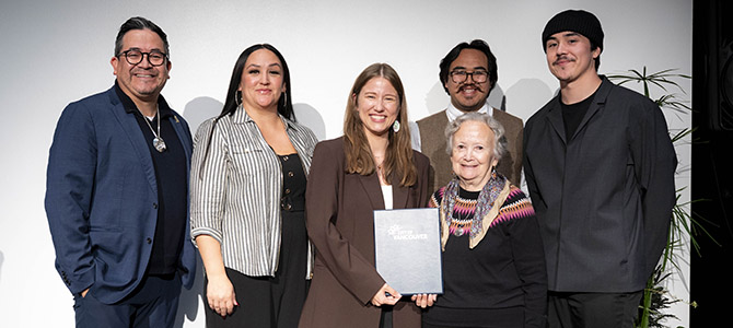 Squamish Nation receiving the 2025 City of Vancouver Book Award for their book Tiná7 Cht Ti Temíxw: We Come From This Land Squamish Nation receiving the 2025 City of Vancouver Book Award for their book Tiná7 Cht Ti Temíxw: We Come From This Land