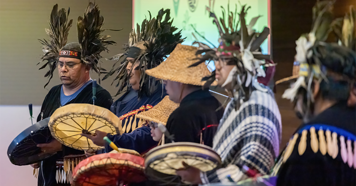 Drummers from the local Nations drum during the UNDRIP Action Plan Unveiling Ceremony on June 3, 2024