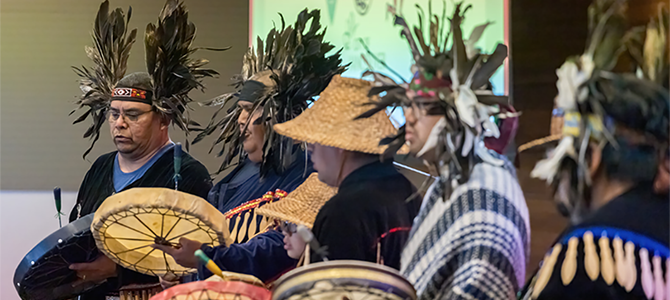 Drummers from the local Nations drum during the UNDRIP Action Plan Unveiling Ceremony on June 3, 2024 Drummers from the local Nations drum during the UNDRIP Action Plan Unveiling Ceremony on June 3, 2024