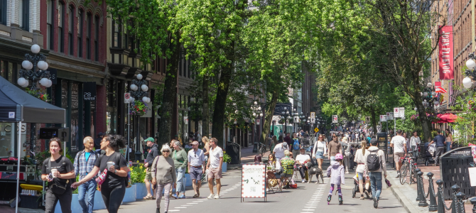 People walking on a Gastown street on a sunny day