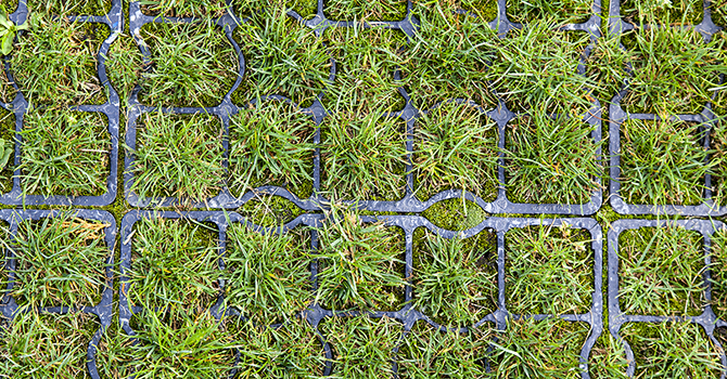 Close-up of permeable pavement with interlocking concrete pavers and grass growing through the gaps, demonstrating sustainable urban infrastructure.