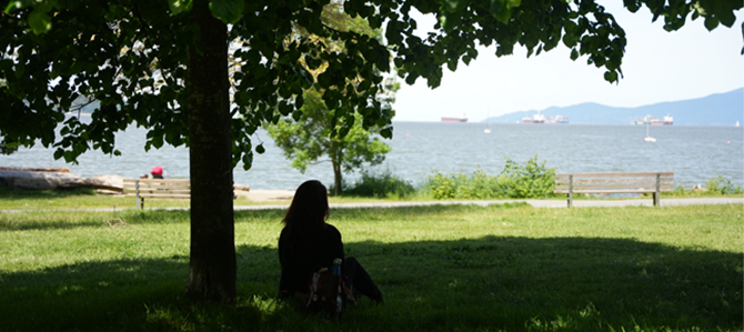 Person under a tree for shade with the ocean in the background