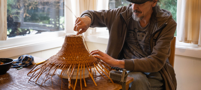 A person weaving a hat