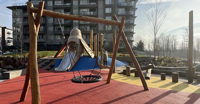 The new park at playground at Promontory Park in East Fraser Lands.