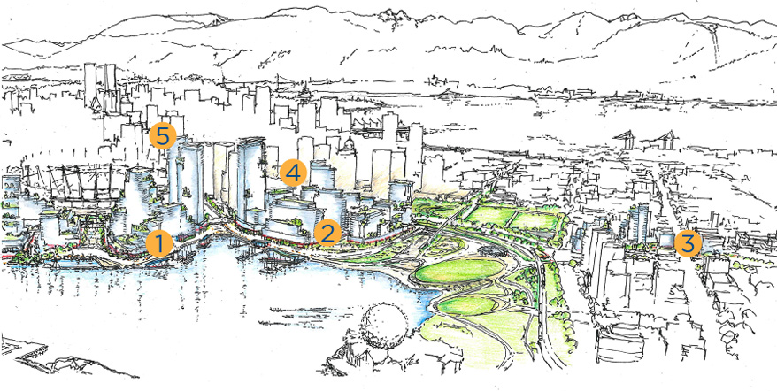 Illustration of Northeast False Creek showing development areas where there will be public benefits