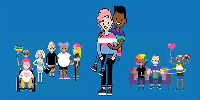 Illustration of queer youth and community members of different ages, abilities, and backgrounds celebrating together. Illustration of queer youth and community members of different ages, abilities, and backgrounds celebrating together.