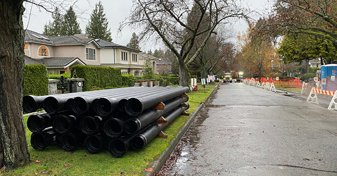 Construction equipment lining a city street