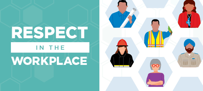 Respect in the Workplace poster with illustrations of different types of workers