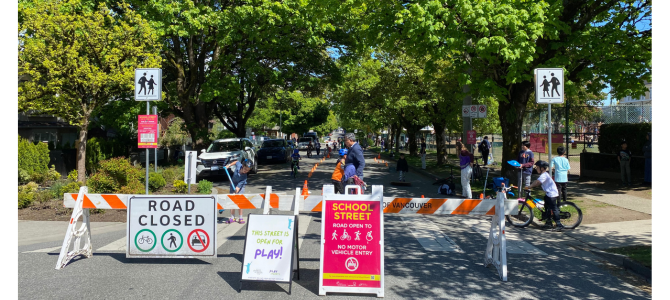Signs stating this is a School Street and that the road is closed by Lord Selkirk School