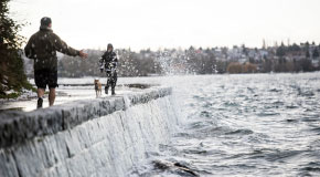 Two people and a dog walk on the seawall as thee waves create a splash