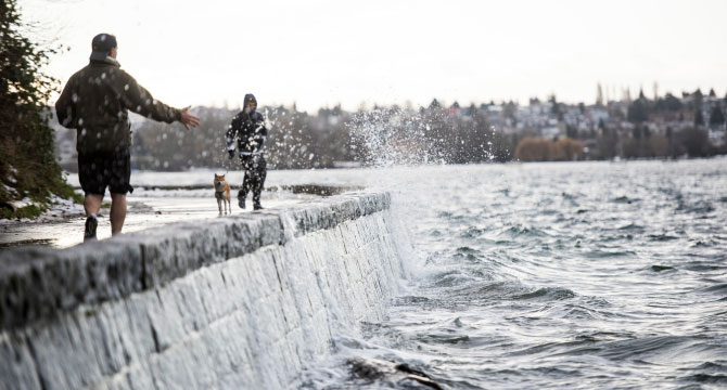 Two people and a dog walk on the seawall as thee waves create a splash