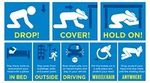 Drop, cover, and hold on infographic: people icon dropping to the floor, covering their head and getting under and holding a table Drop, cover, and hold on infographic: people icon dropping to the floor, covering their head and getting under and holding a table