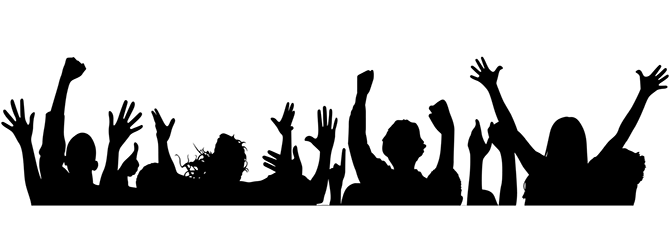Silhouettes of a crowd with raised hands, showing youth cheering or celebrating.