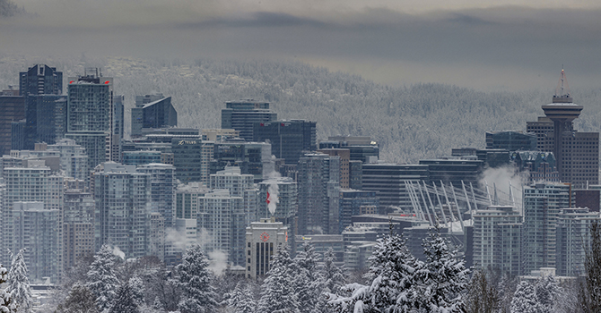 A snowy Vancouver cityscape