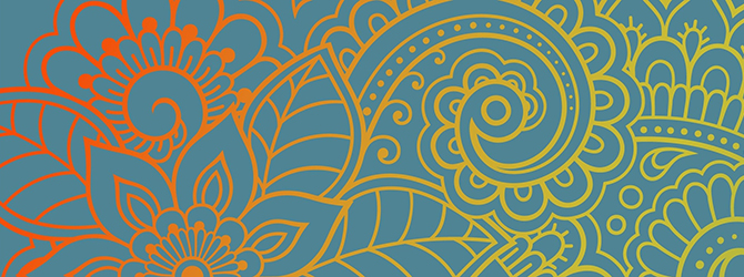 Colourful banner featuring a mandala-inspired floral design, with outlines of flowers in shades of red, orange, and teal