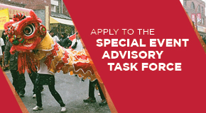 Special Event Task Force banner with lion dancer in the background.